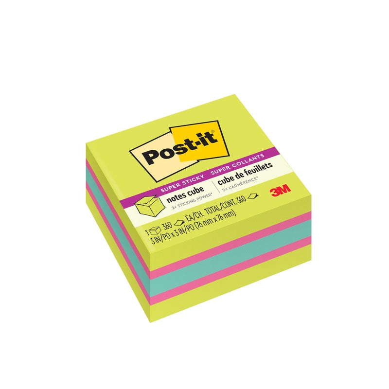 Post-it Super Sticky Notes Cube 3 in. x 3 in. Bright Colors 1 Cube/Pack 360 Sheets/Cube - Image 1
